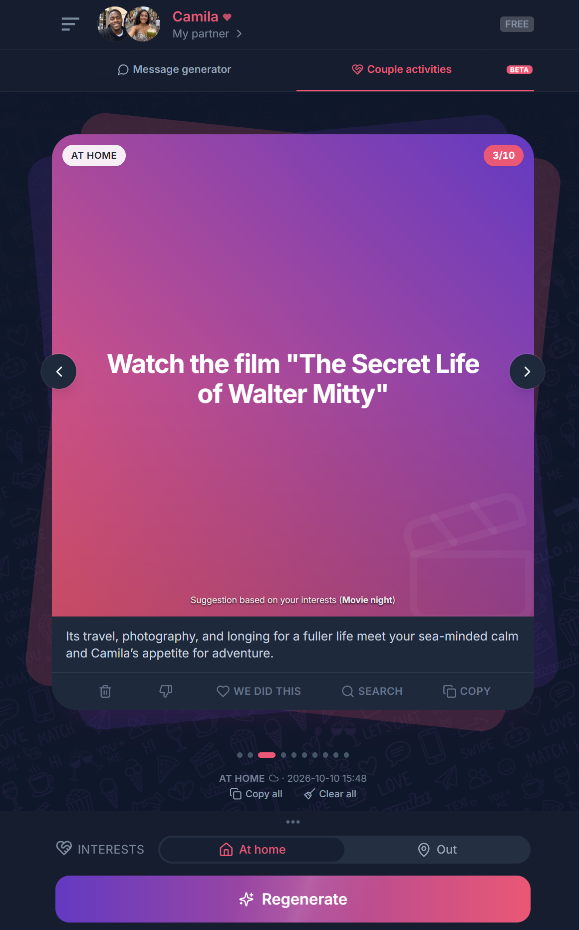 Charmlet Couple activities card suggesting the film The Secret Life of Walter Mitty at home