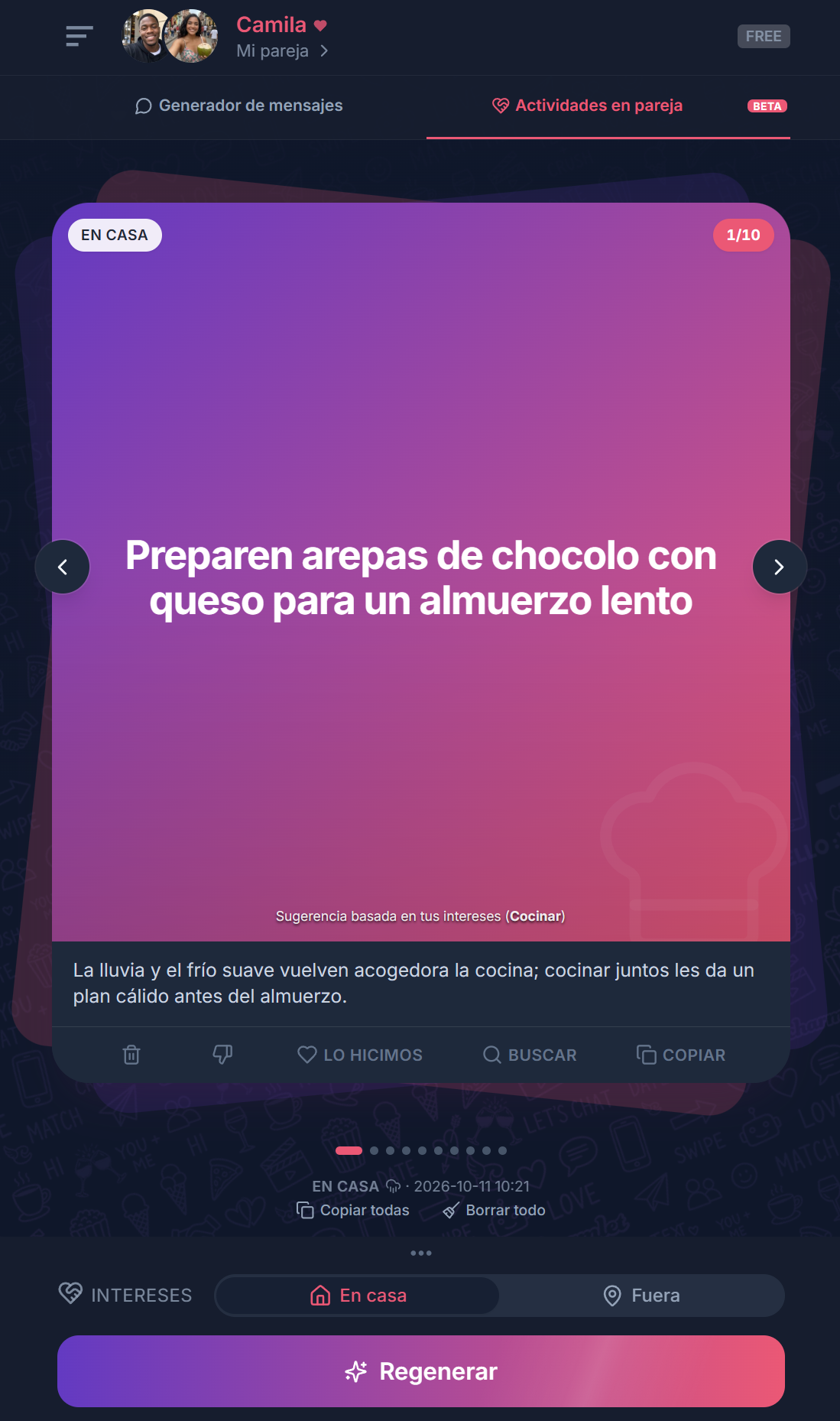 Tarjeta de Actividades en pareja en Charmlet sugiriendo arepas de choclo con queso en casa
