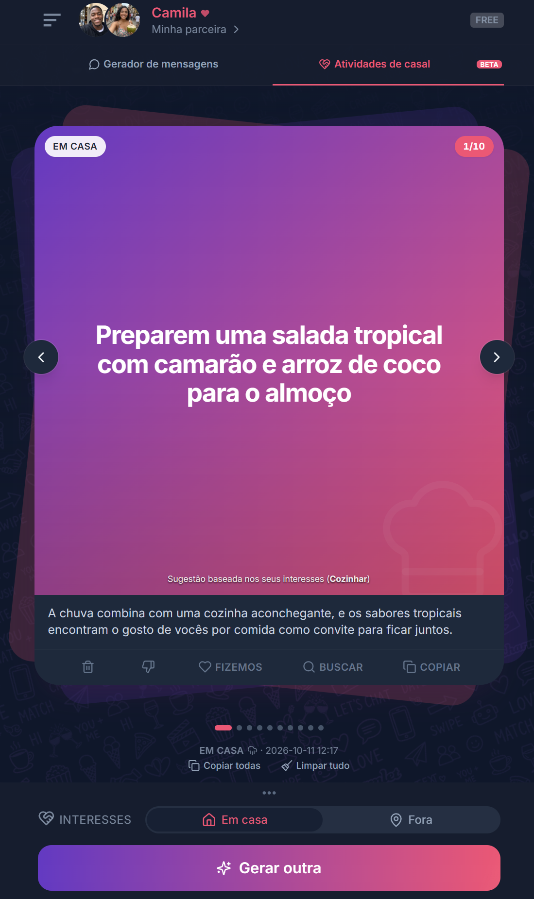 Card de Atividades de casal no Charmlet sugerindo uma salada tropical com camarão em casa