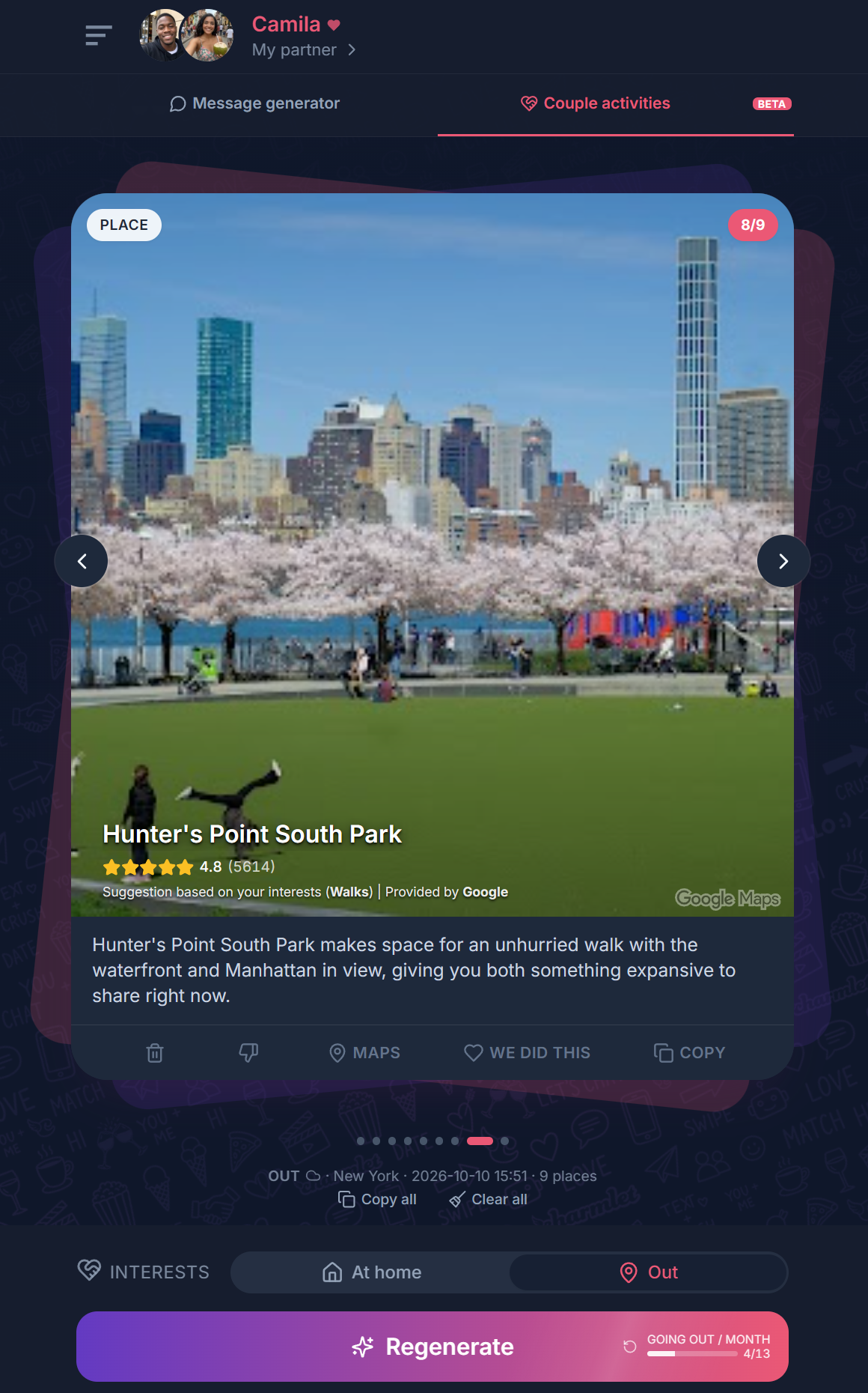 Charmlet Couple activities card suggesting a walk at Hunter's Point South Park