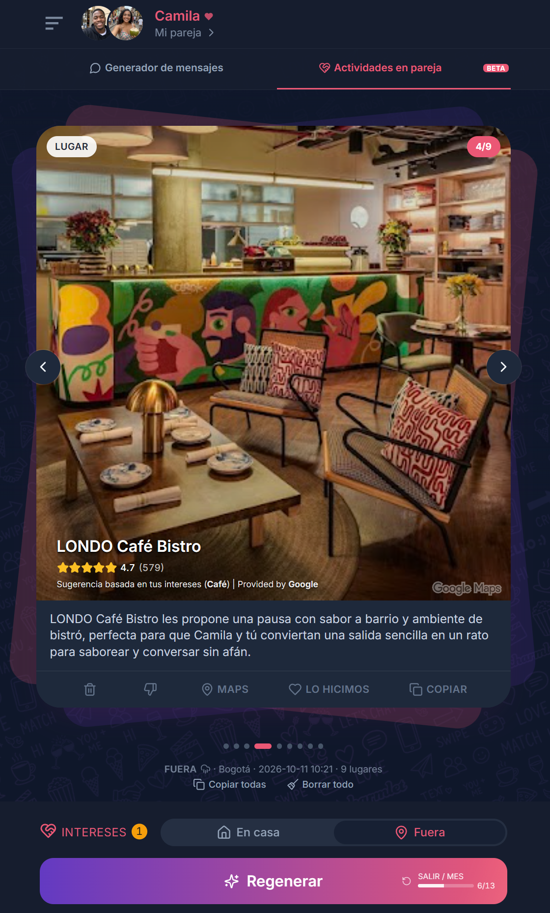 Tarjeta de Actividades en pareja en Charmlet sugiriendo el LONDO Café Bistro en Bogotá