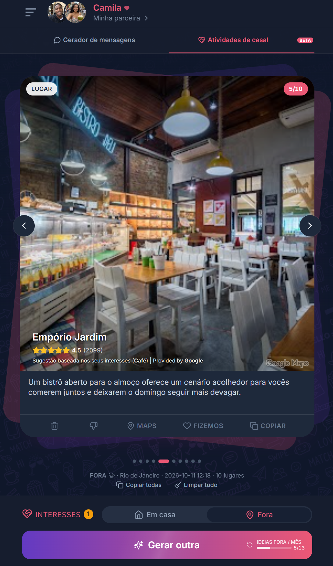 Card de Atividades de casal no Charmlet sugerindo o café Empório Jardim no Rio de Janeiro