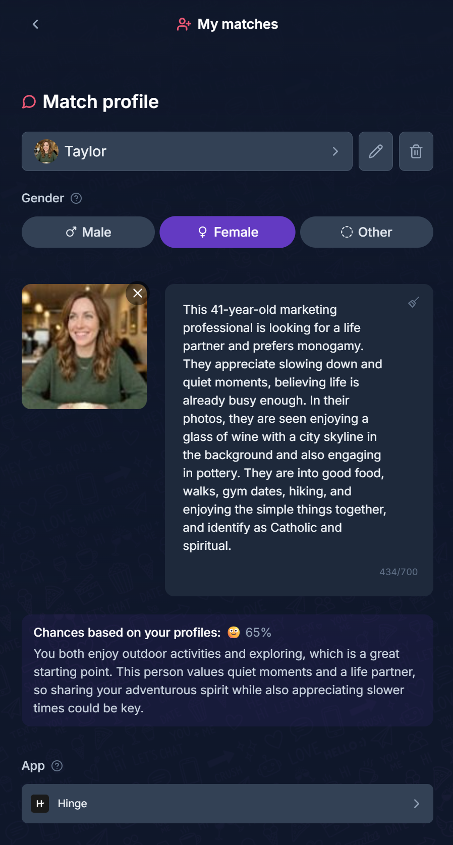 Charmlet Compose screen showing Taylor's match profile with bio summary and compatibility score