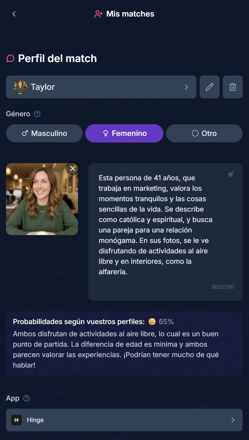 Pantalla Compose de Charmlet con el perfil de Taylor, resumen de bio y puntaje de compatibilidad