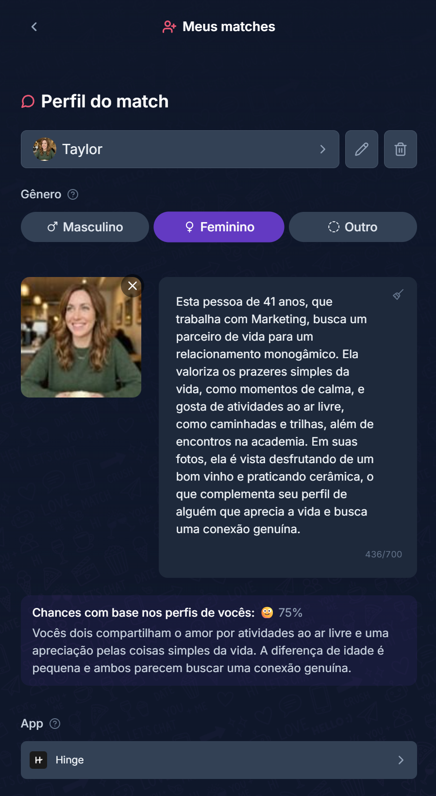 Tela Compose do Charmlet com o perfil da Taylor, resumo da bio e score de compatibilidade
