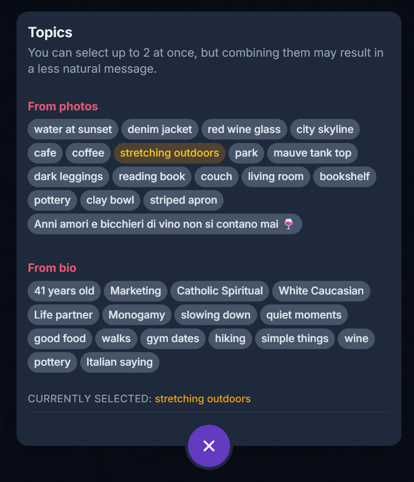 Charmlet Topics screen with photo and bio tags extracted from the match profile
