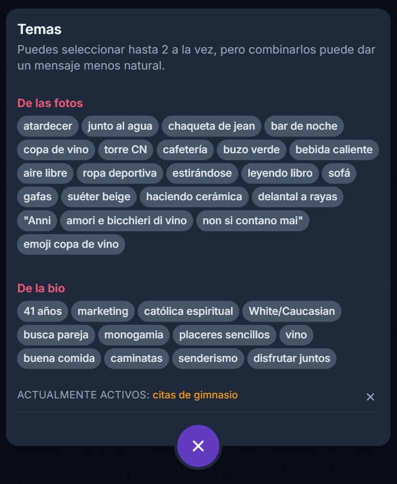 Pantalla Topics de Charmlet con etiquetas extraídas de fotos y bio del match