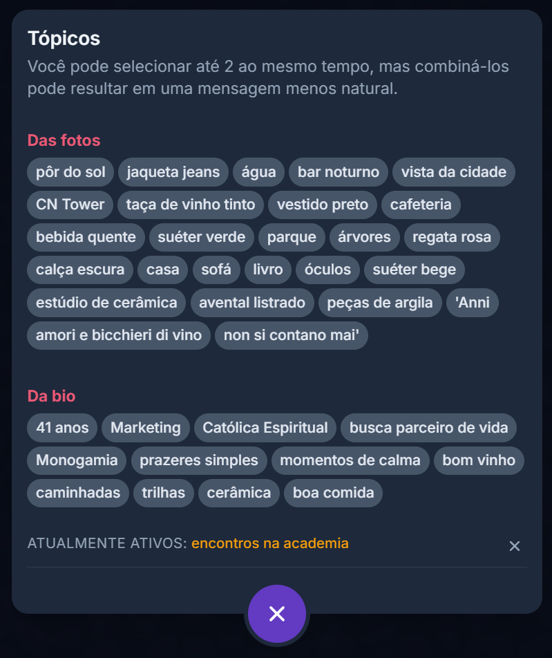 Tela Topics do Charmlet com tags extraídas das fotos e da bio do match