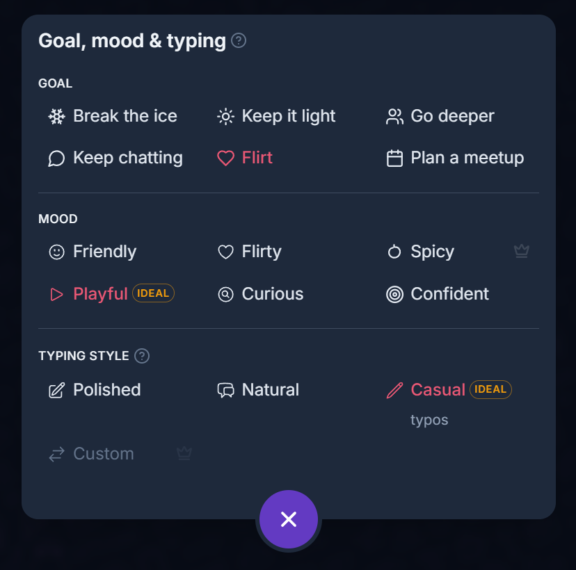 Charmlet goal mood and typing style picker with Flirt, Playful, and Casual selected