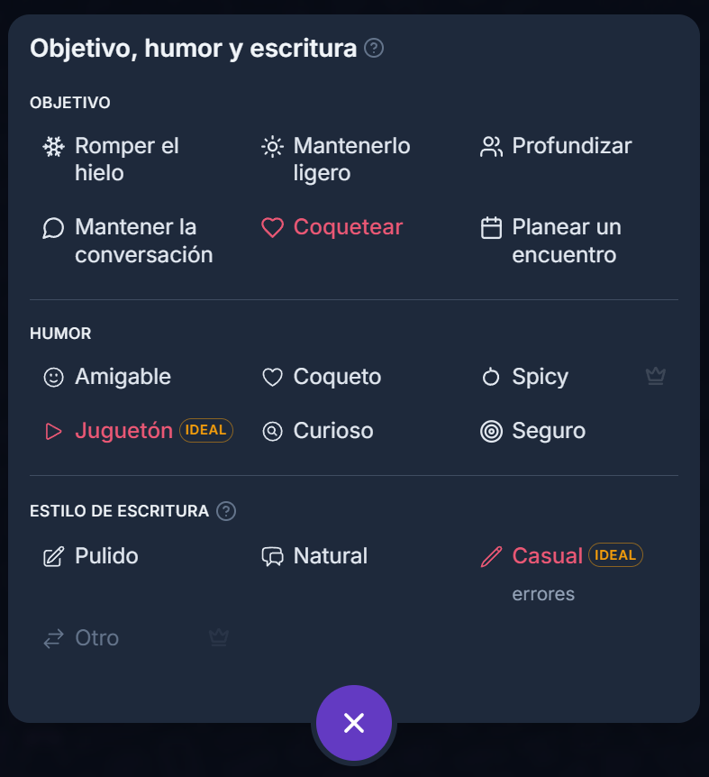 Selector de objetivo, vibra y estilo de escritura en Charmlet