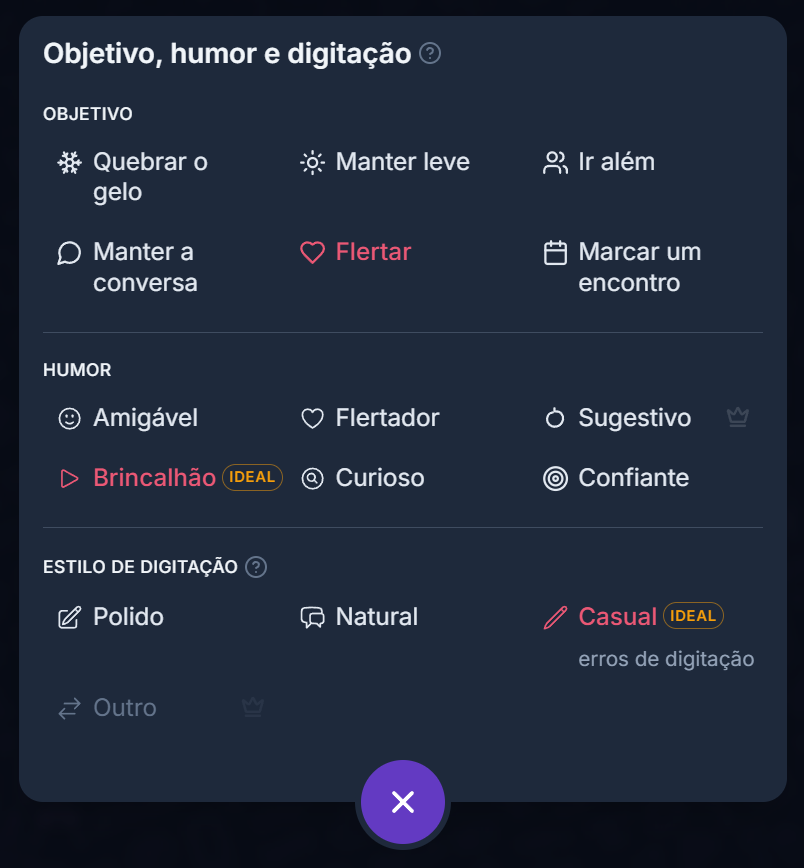 Seletor de objetivo, clima e estilo de digitação no Charmlet