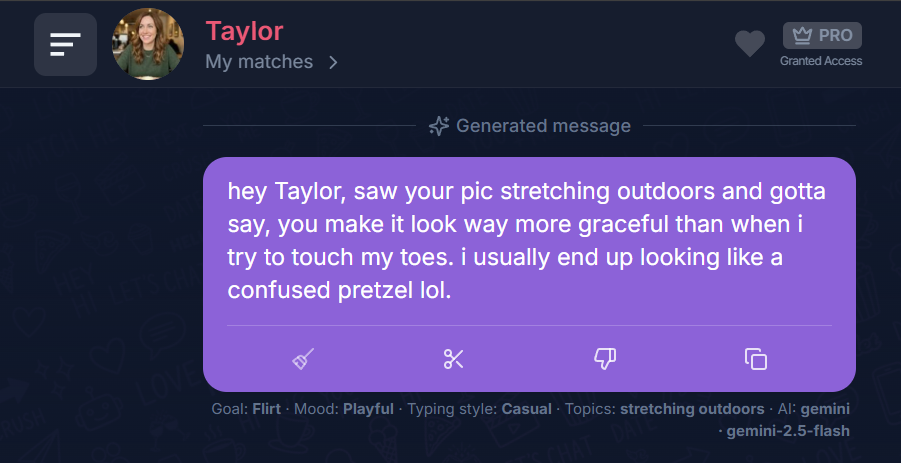 Charmlet generated Hinge opener referencing stretching outdoors from the match profile