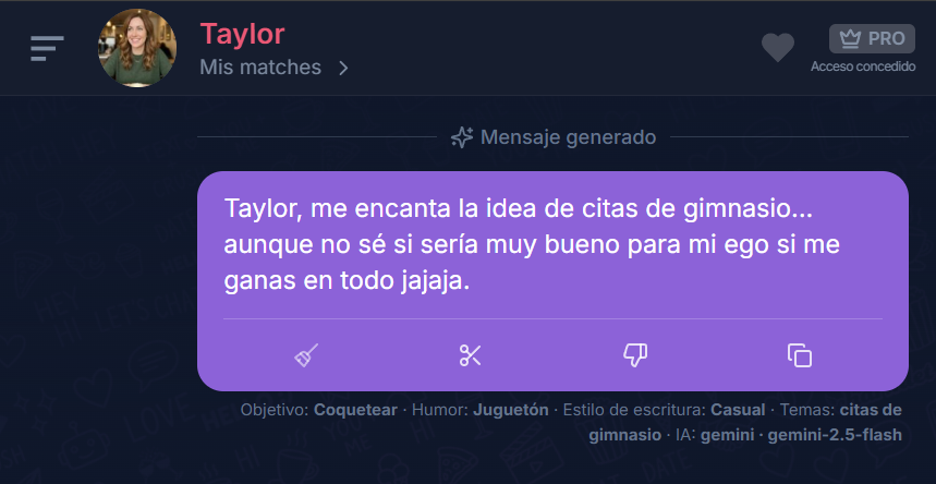 Mensaje generado por Charmlet para abrir conversación en Hinge sobre citas de gimnasio
