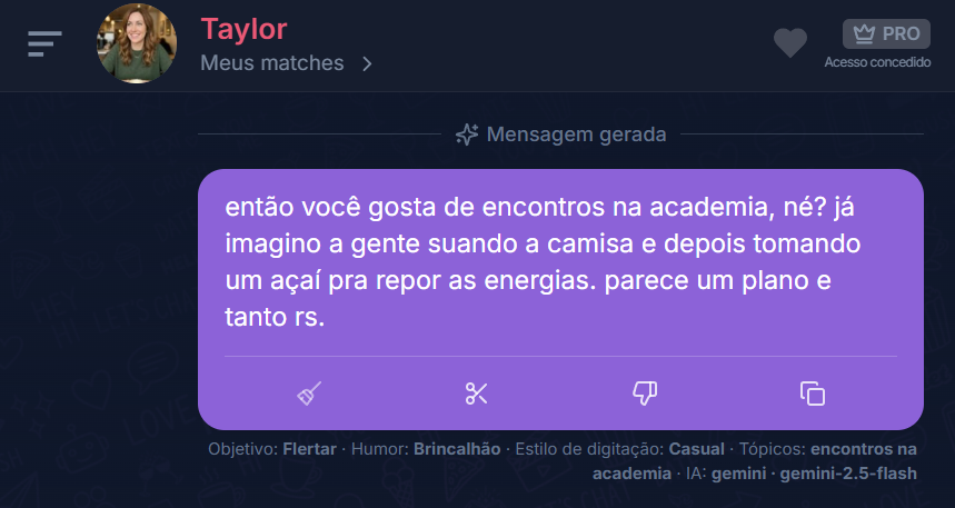 Mensagem gerada pelo Charmlet para abrir conversa no Hinge sobre encontros na academia