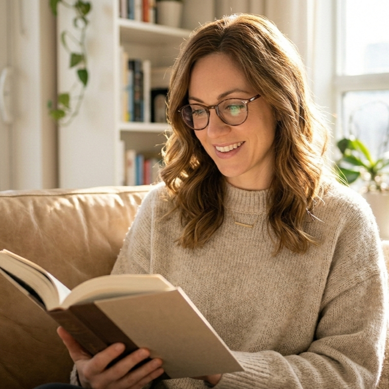 Match profile photo reading on a couch