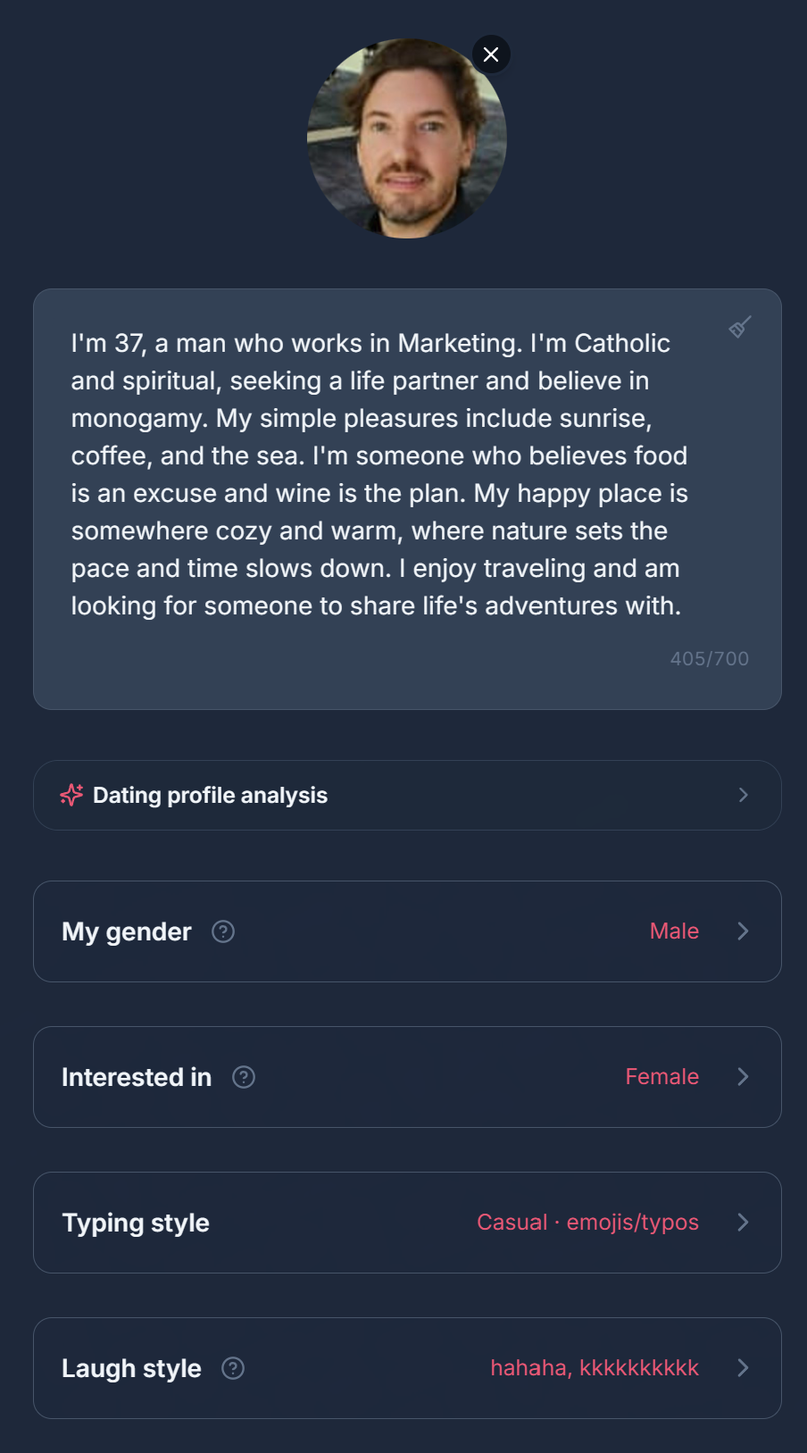 Denilson's dating profile inside Charmlet, with his bio, typing style, and laugh style