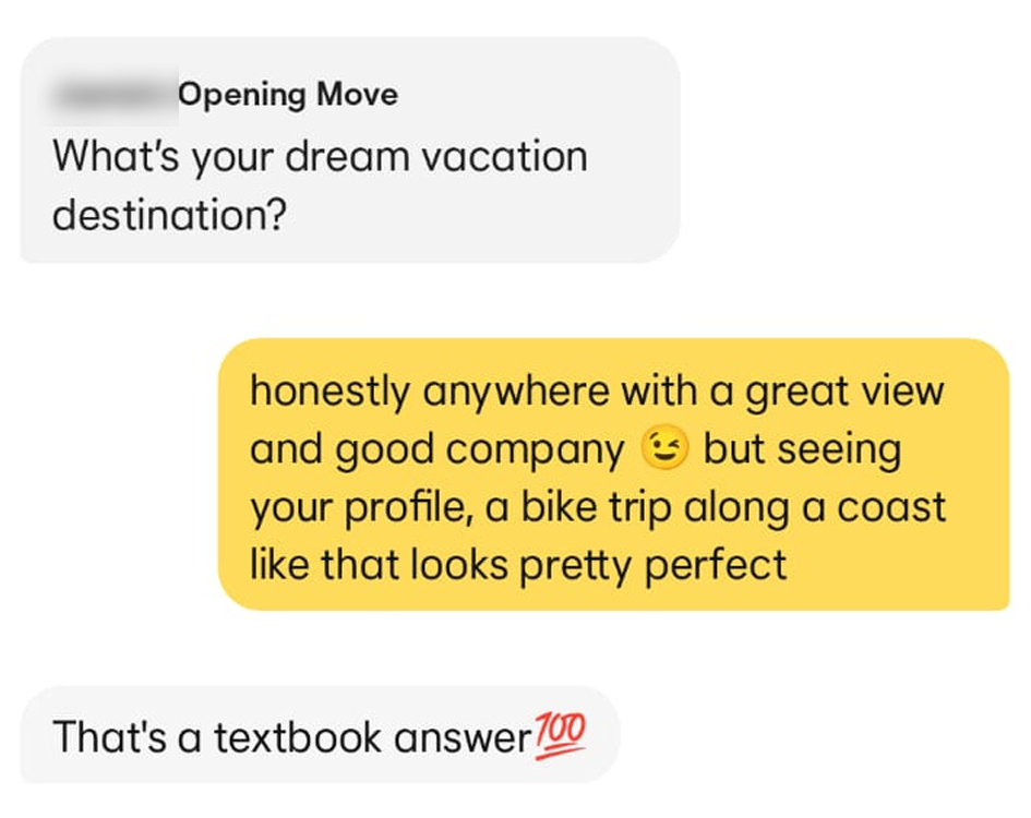 A Bumble Opening Move about a dream vacation, with a reply that references a bike trip from her profile