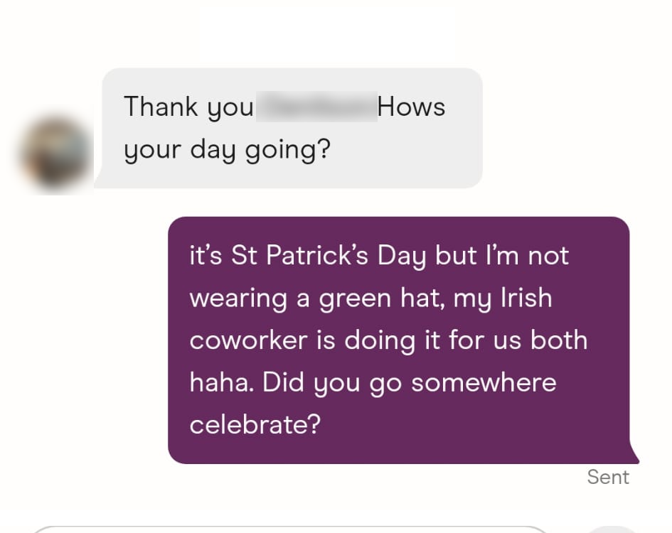 A Hinge chat on St Patrick's Day with a specific, playful reply instead of a generic how is your day