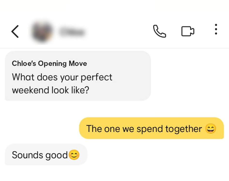 A Bumble Opening Move about a perfect weekend, answered with a short, confident line