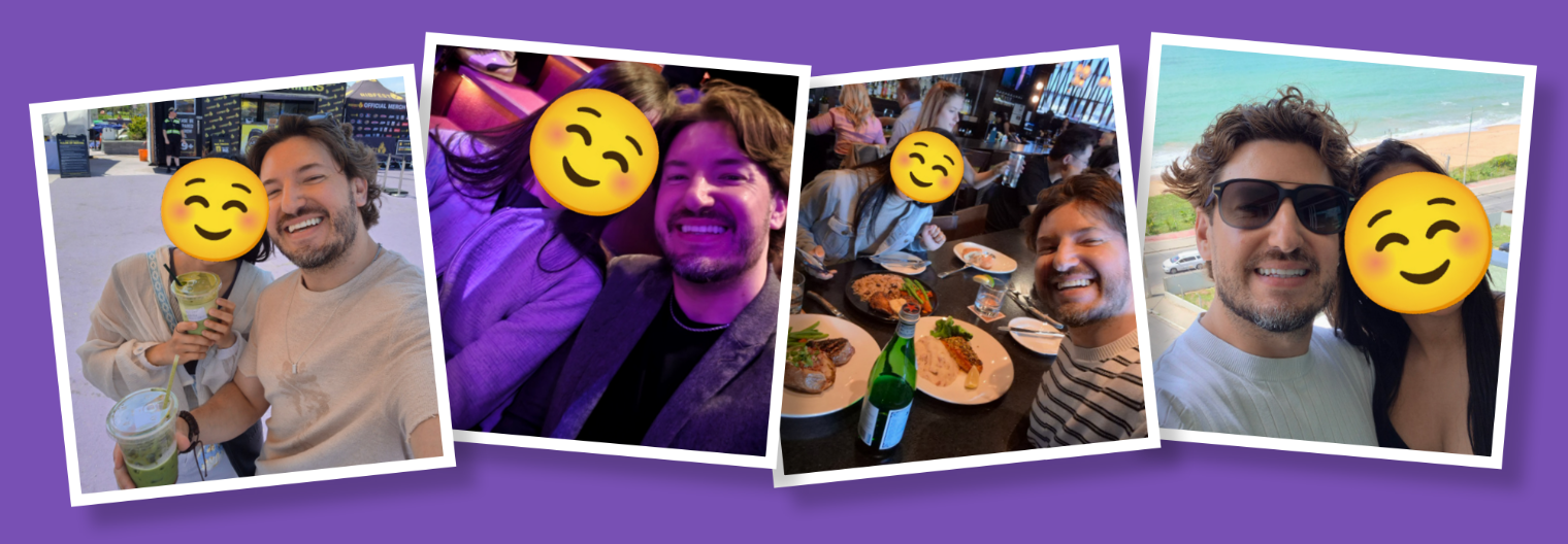 Four photos of Denilson on dates, with the other person's face covered