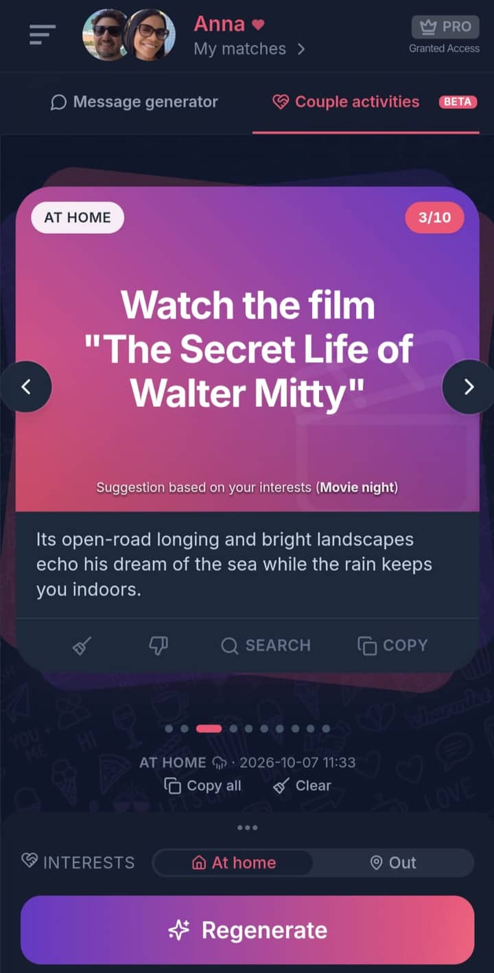A Charmlet idea for staying in: watch The Secret Life of Walter Mitty, based on a movie night interest