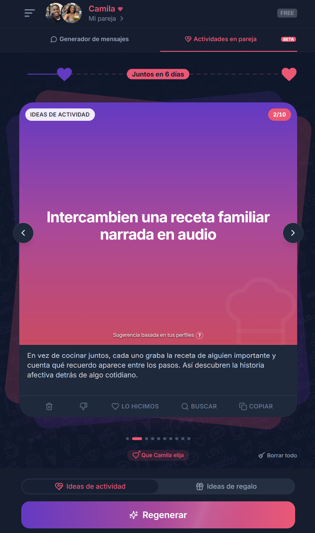 Idea de actividad en Charmlet para una pareja a distancia, una receta familiar en audio