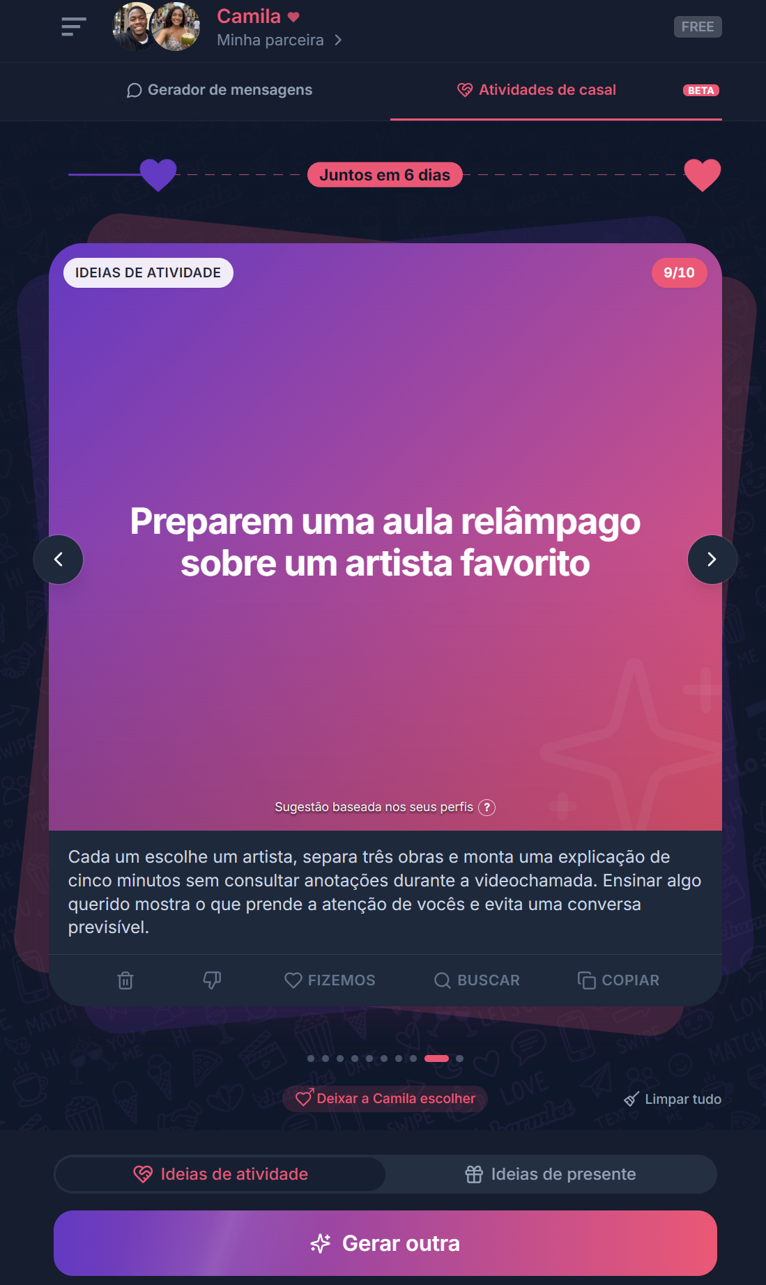 Ideia de atividade no Charmlet para um casal à distância, uma aula relâmpago sobre um artista